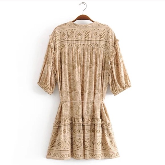 SOLD OUT Khaki Autumn Winds Boho Floral Mini Ruffle Dress - Picture 5 of 5